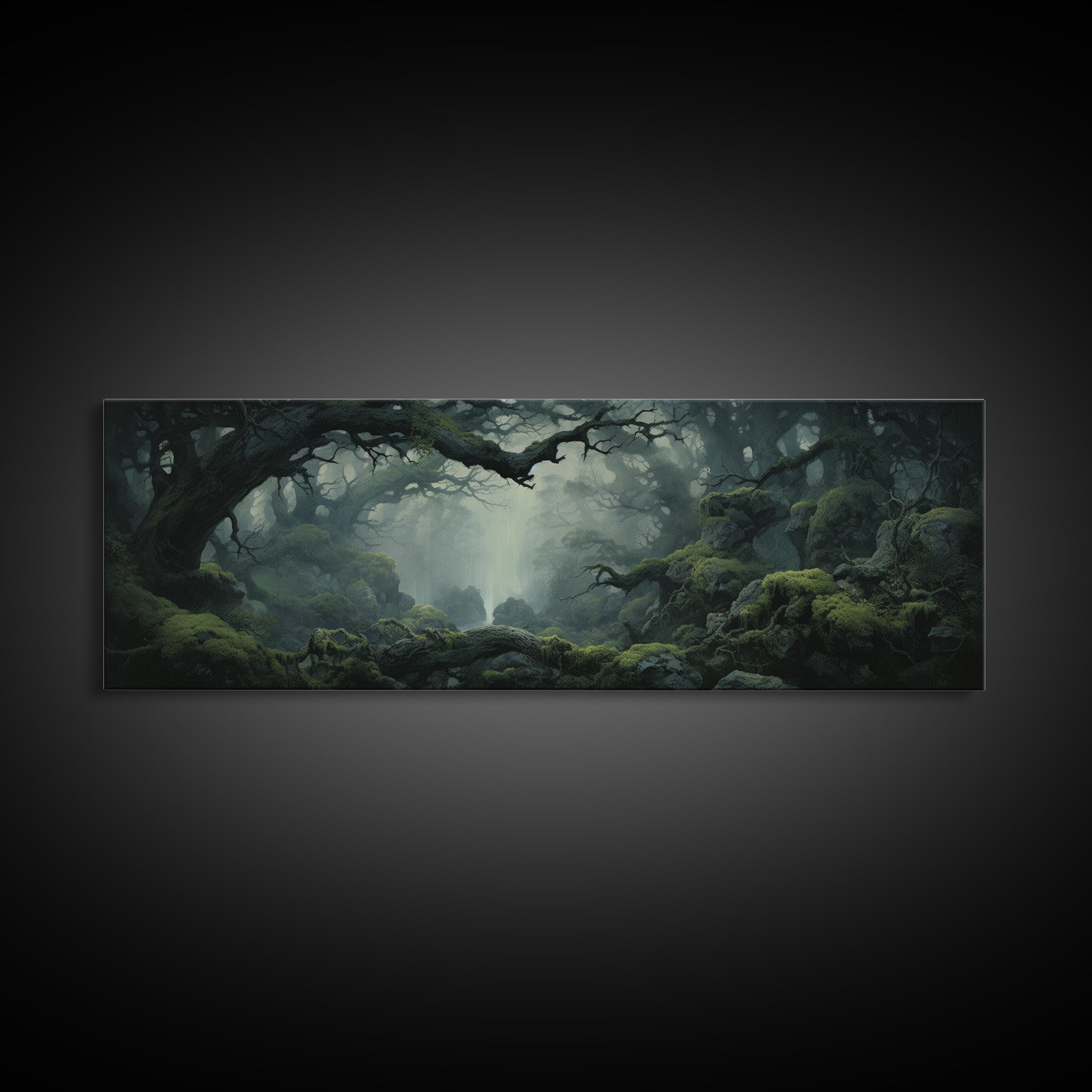 In The Forest - Ready To Hang Panoramic Foggy Pine Forest Canvas Wall Art, Nature Wall Art, Misty Green Forest Print, Modern Home Decor
