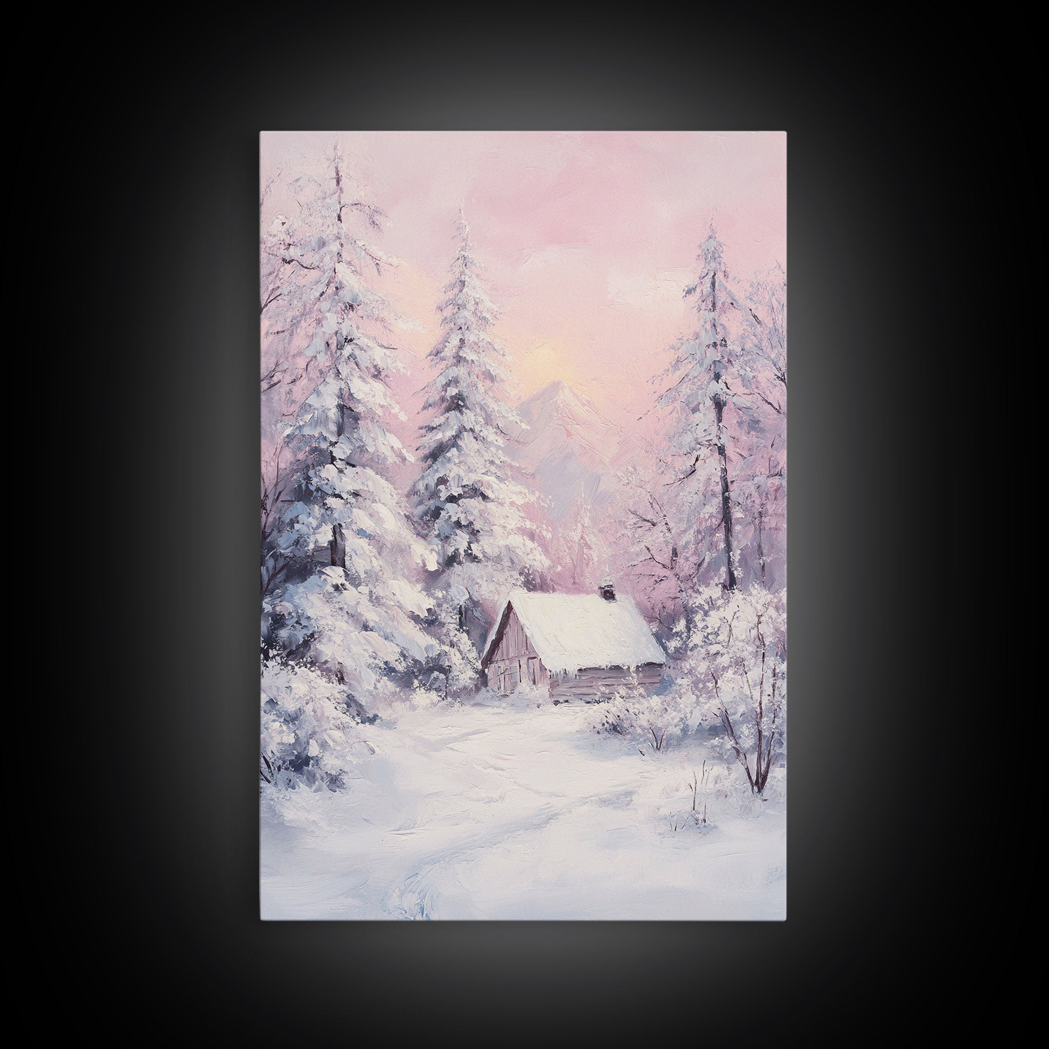 Pink Snowy Cabin Landscape Framed Canvas Print Wall Art Winter Wonderland Decor, Christmas Art Gift, Rustic Winter Scene Art