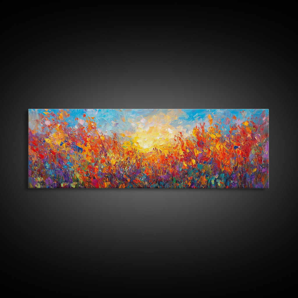 Original Wildflower Painting Print, Panoramic Extra Wide Wall Art, Floral Landscape Custom Rustic Home Decor, Sunset Through The Flowers