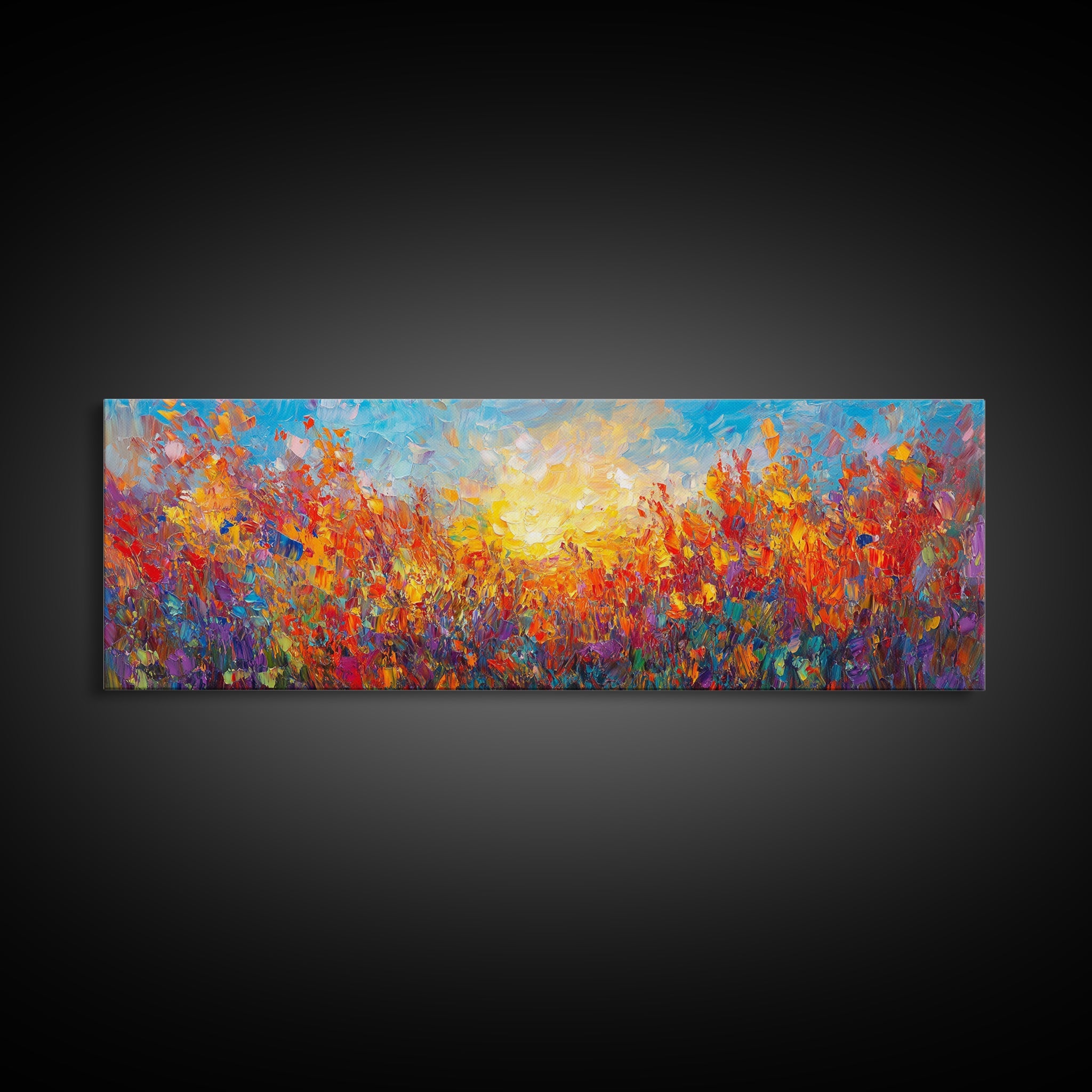 Original Wildflower Painting Print, Panoramic Extra Wide Wall Art, Floral Landscape Custom Rustic Home Decor, Sunset Through The Flowers
