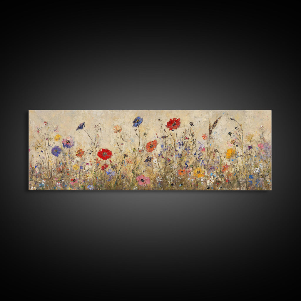 Field of Wildflowers, Spring Floral Decor, Oil Painting Canvas Print, Panoramic Art, Boho Floral Decor, Botanical Wall Art, Field of Flowers