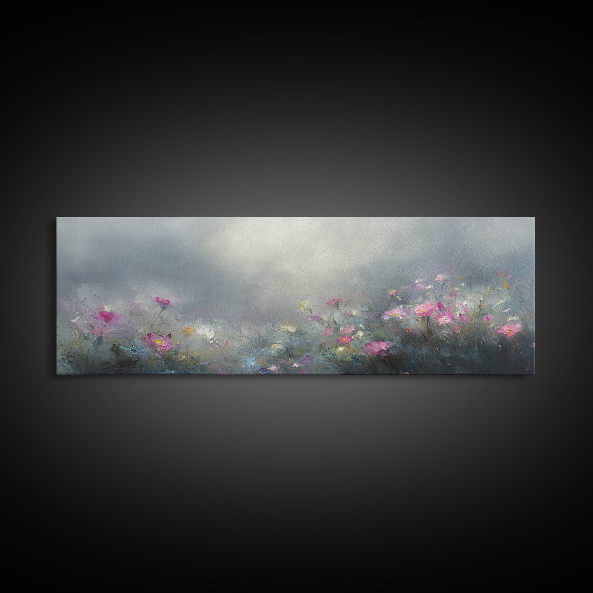 Moody Wild Flowers Under a Cloudy Sky, Panoramic Framed Canvas Print, Nature Decor, Boho Floral Wall Art, Flower Painting Gift For Her