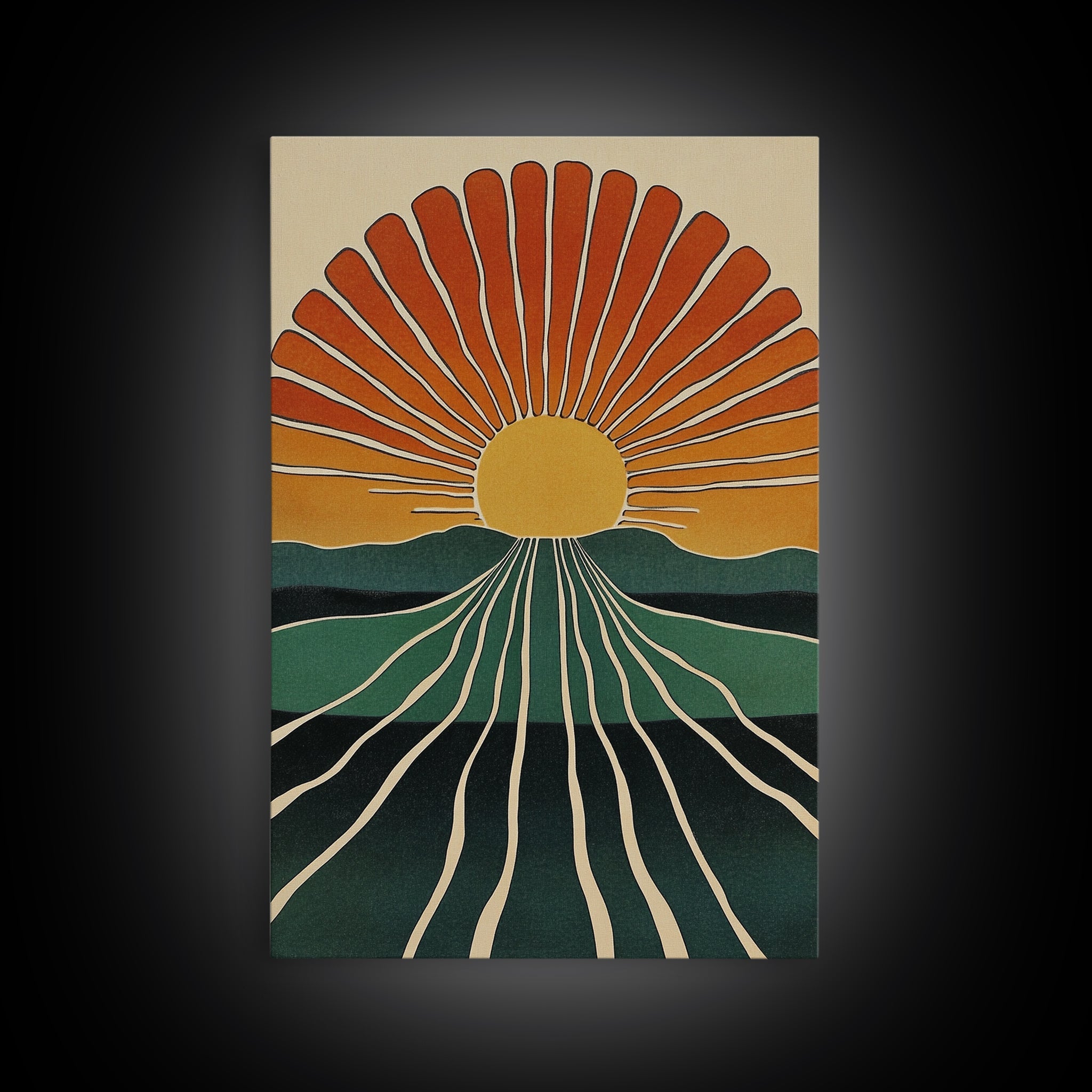 Minimalist Sunset or Sunrise Wall Art Canvas Print, Art Deco Boho Wall Decor, Modern Art, Sun Burst Wall Art