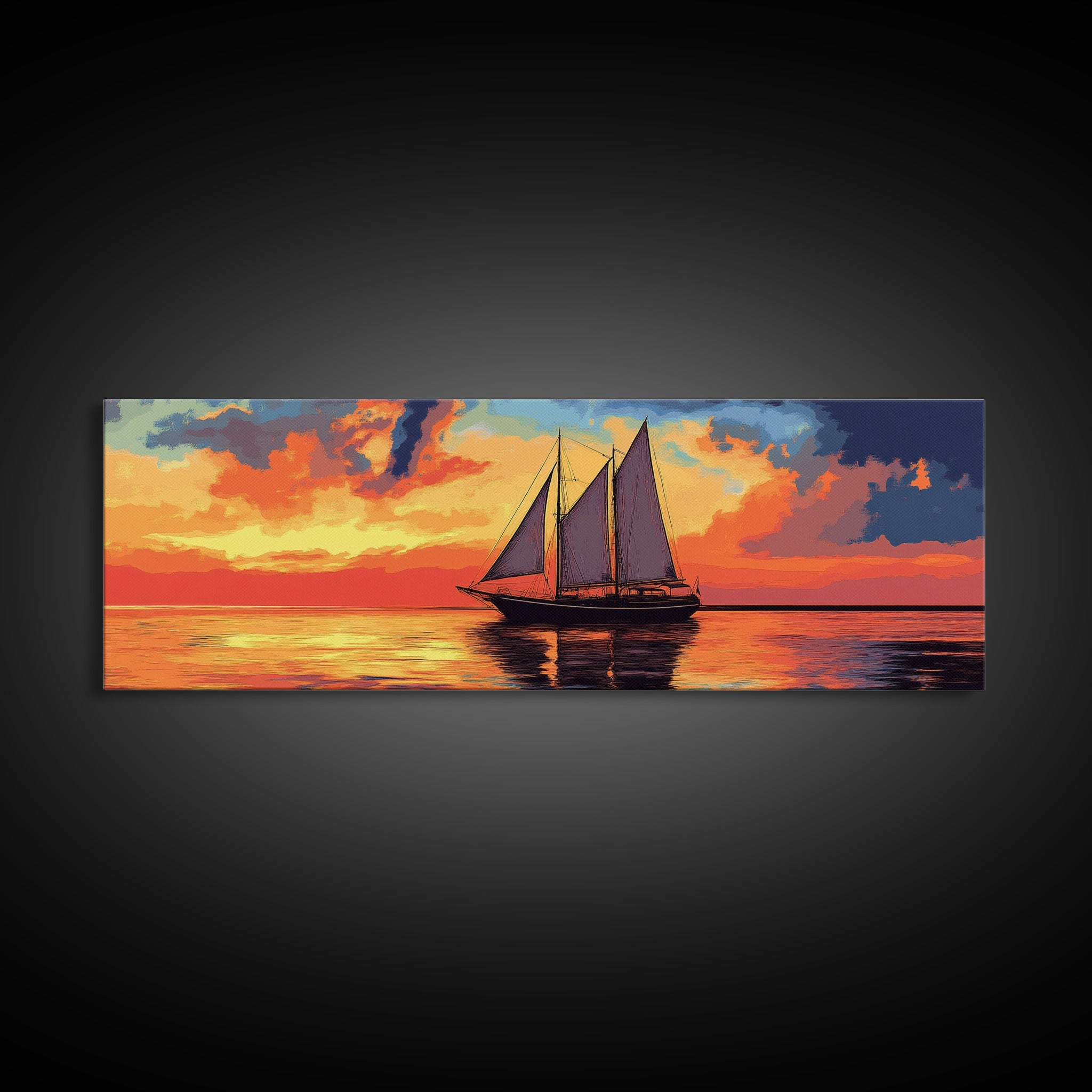 Pirate Ship at Sunset Framed Canvas Print - Panoramic Wall Art - Sailboat Painting - Sail Boat Art - Nautical Decor - Lake House Art