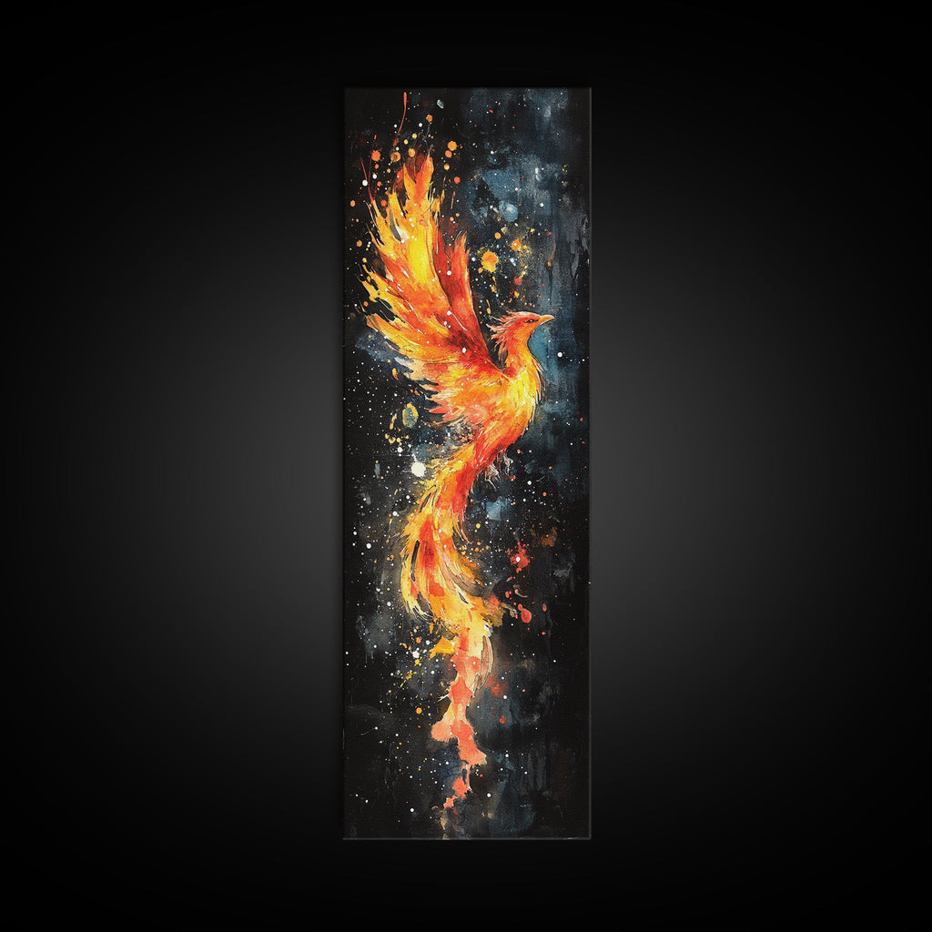 Flaming Phoenix Illustration Canvas Print, Tall Skinny Art for Bedroom Decor, Mythical Creature Wall Art with Framed Option, Space Art