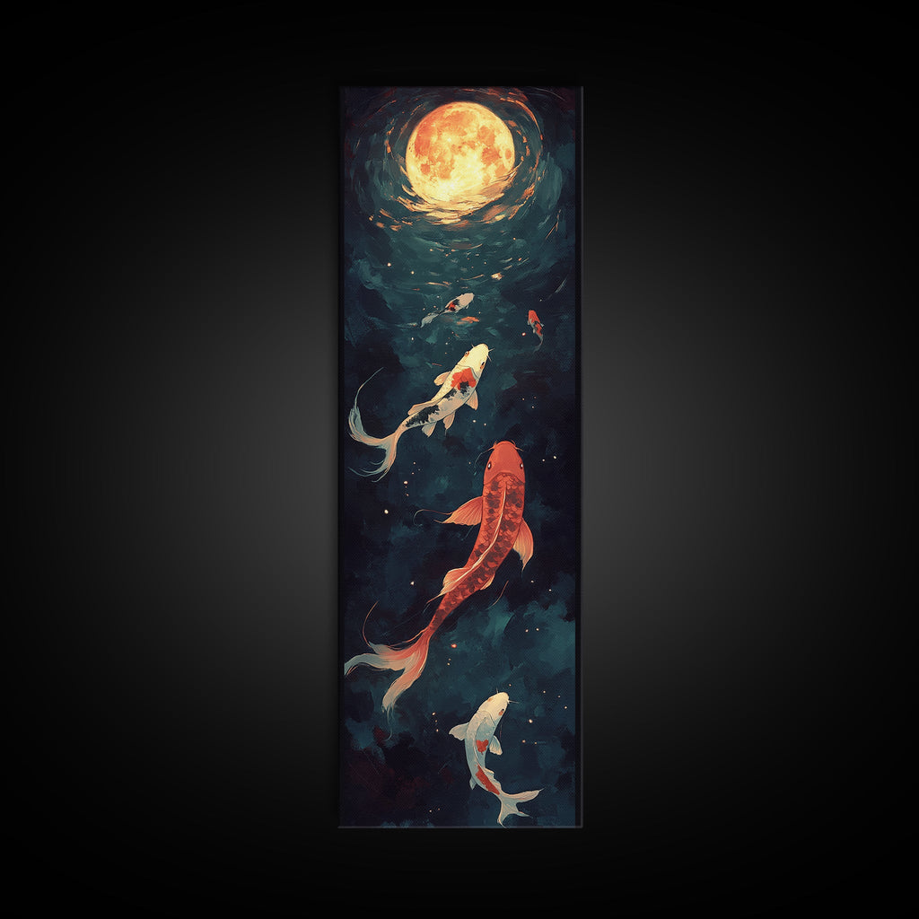 Koi Fish Under a Full Moon, Framed Canvas Print, Wabi Sabi Home Decor, Funky Boho Wall Art, Tall Skinny Art, Narrow Tall Wall Art