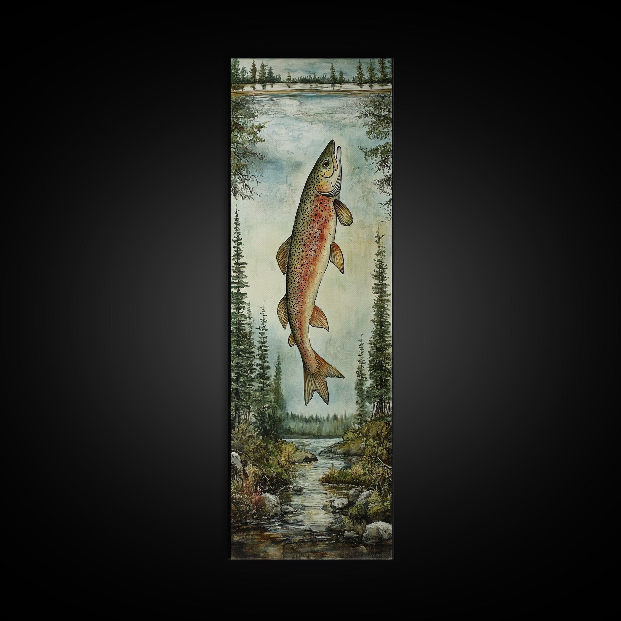 Trout In Mountain Scene Framed Canvas Print Rustic Landscape Art Fly Fishing Wall Art Skinny Wall Art Tall Vertical Decor