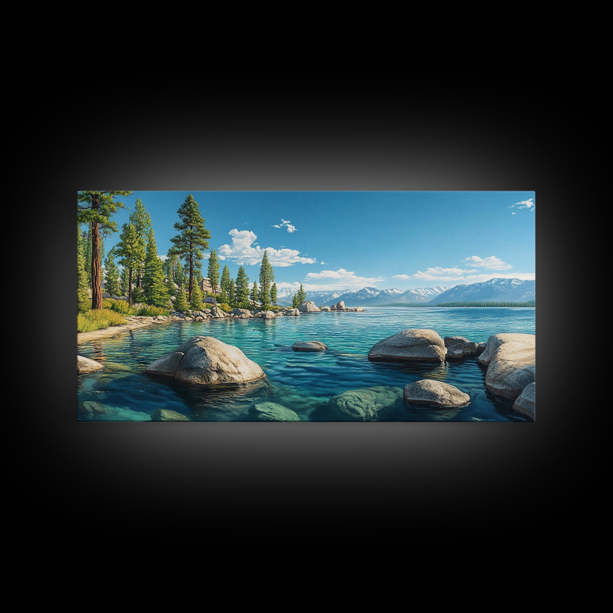 Lake Tahoe Landscape Canvas Print Rustic Wall Art Coastal Nature Scene Above Bed Artwork Living Room Decor Panoramic Painting