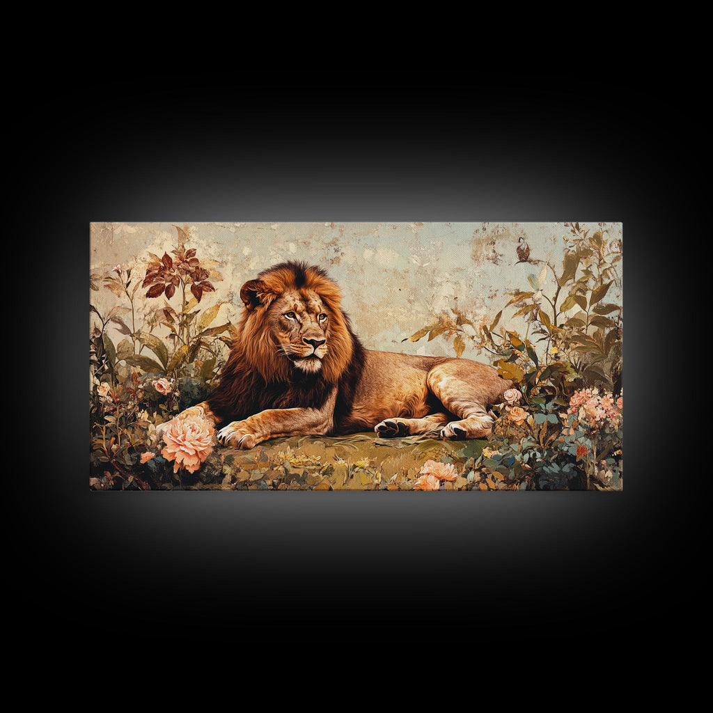 Regal Lion in Wildflowers Framed Canvas Print, Safari Wildlife Painting, African Rustic Wall Art, Boho Nature Decor, Animal Kingdom Art