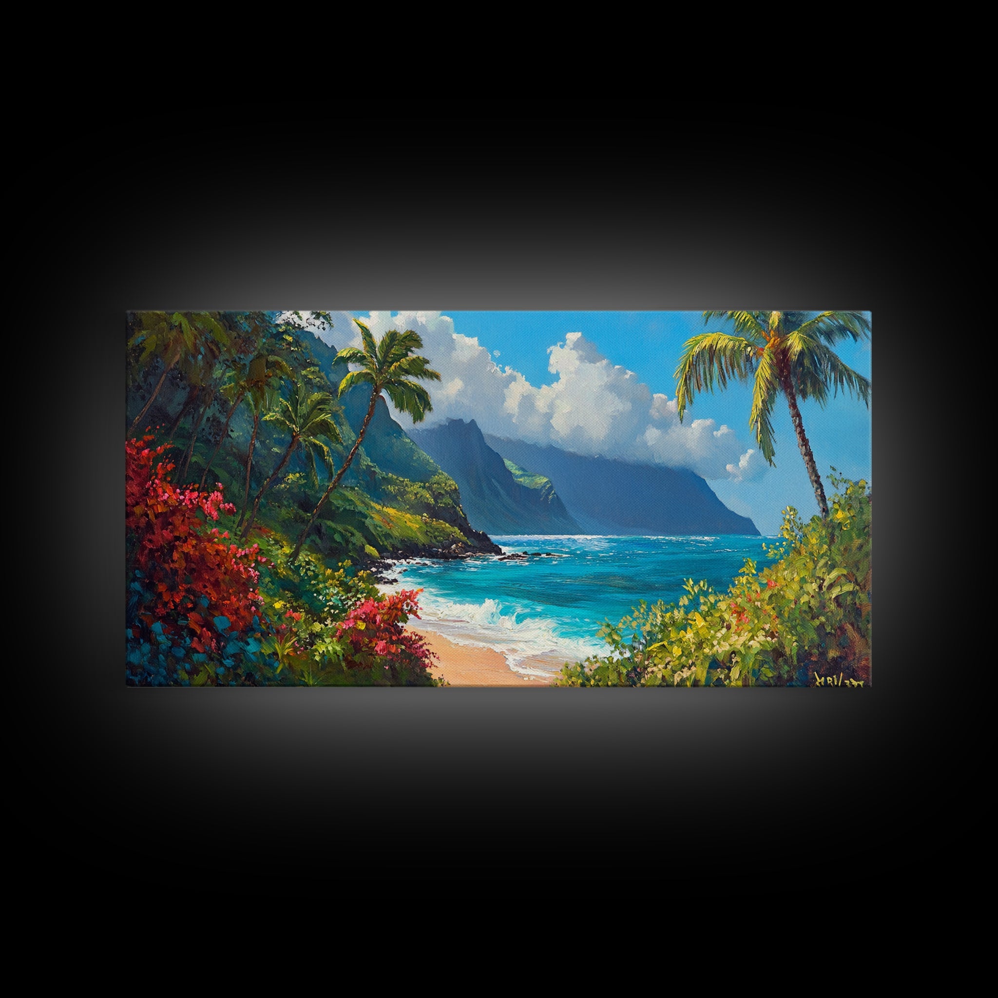 Lush Hawaiian Coast Canvas Print Coastal Painting Nautical Wall Art Panoramic Art Tropical Landscape Art Above Bed Wall Art Gift Idea