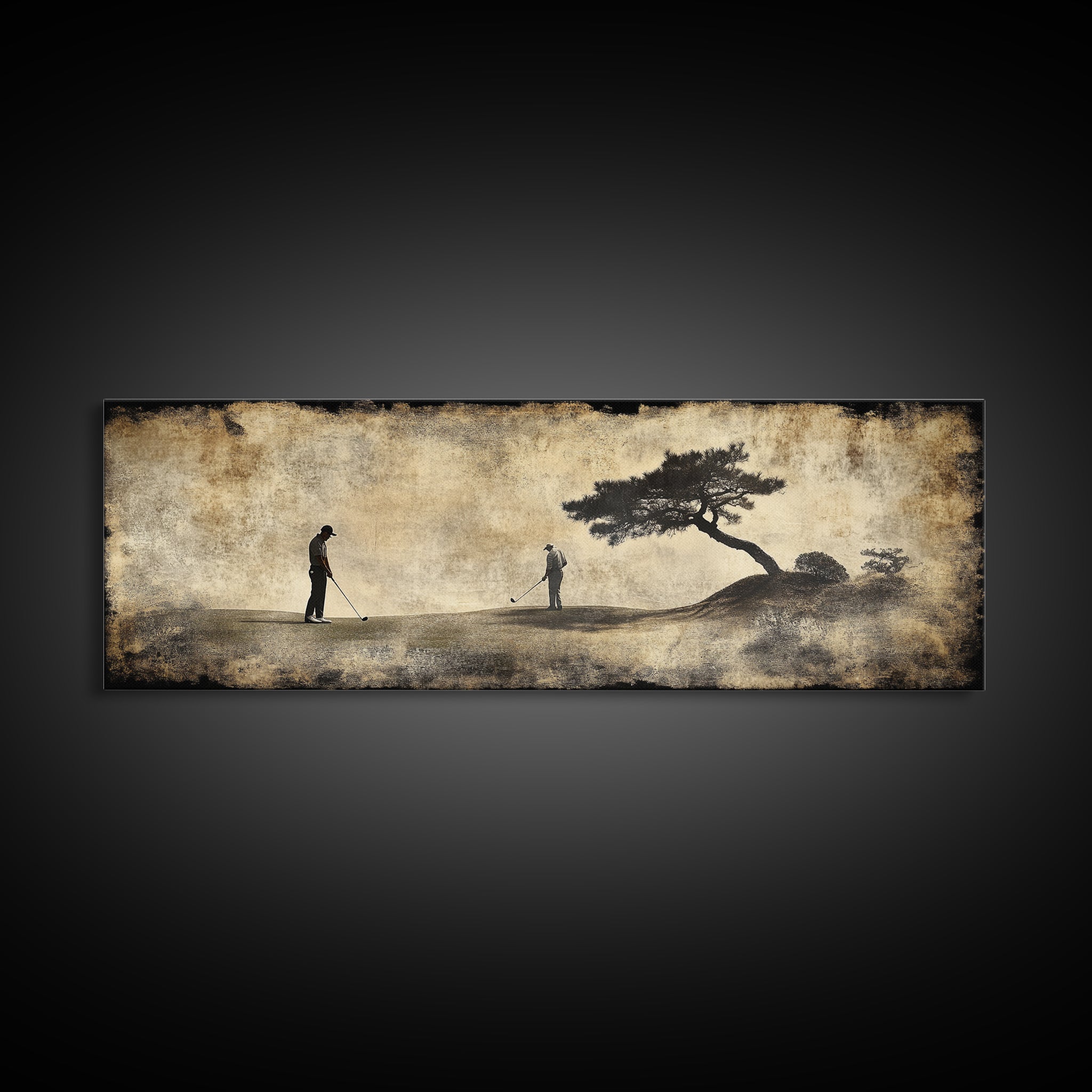Vintage Golfers Landscape Framed Canvas Print – Rustic Wall Art, Golf Art, Horizontal Wall Art, Living Room Art, Tall Narrow Art