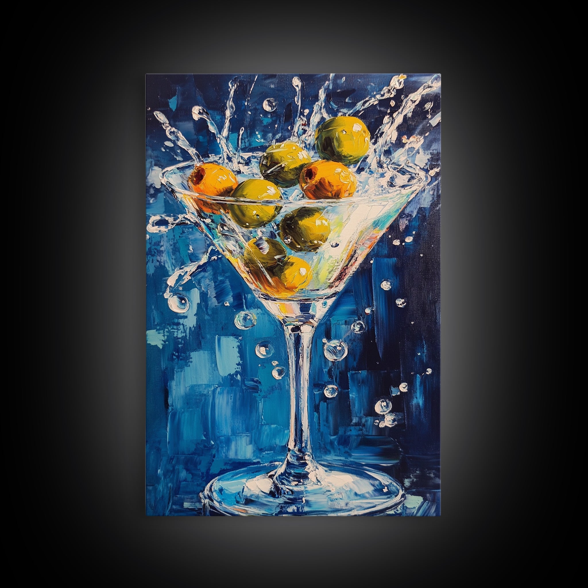 Splashing Olive Martini Canvas Print with Vibrant Cocktail Art, Perfect Bar Decor and Kitchen Wall Art Statement Piece