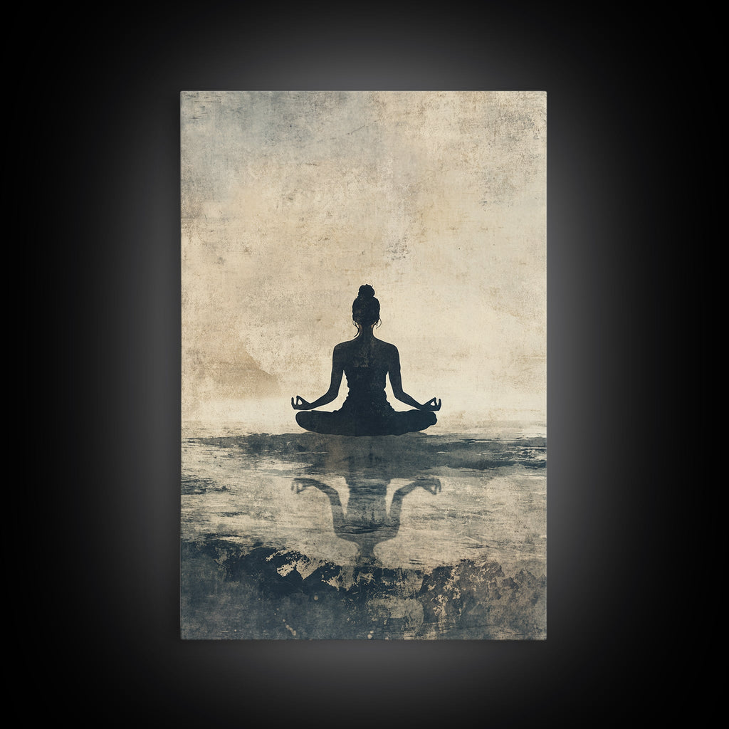 Meditative Silhouette Canvas Print with Wabi Sabi Art, Minimalist Zen Wall Art, Neutral Sage Green Decor, Yoga Art for Relaxation