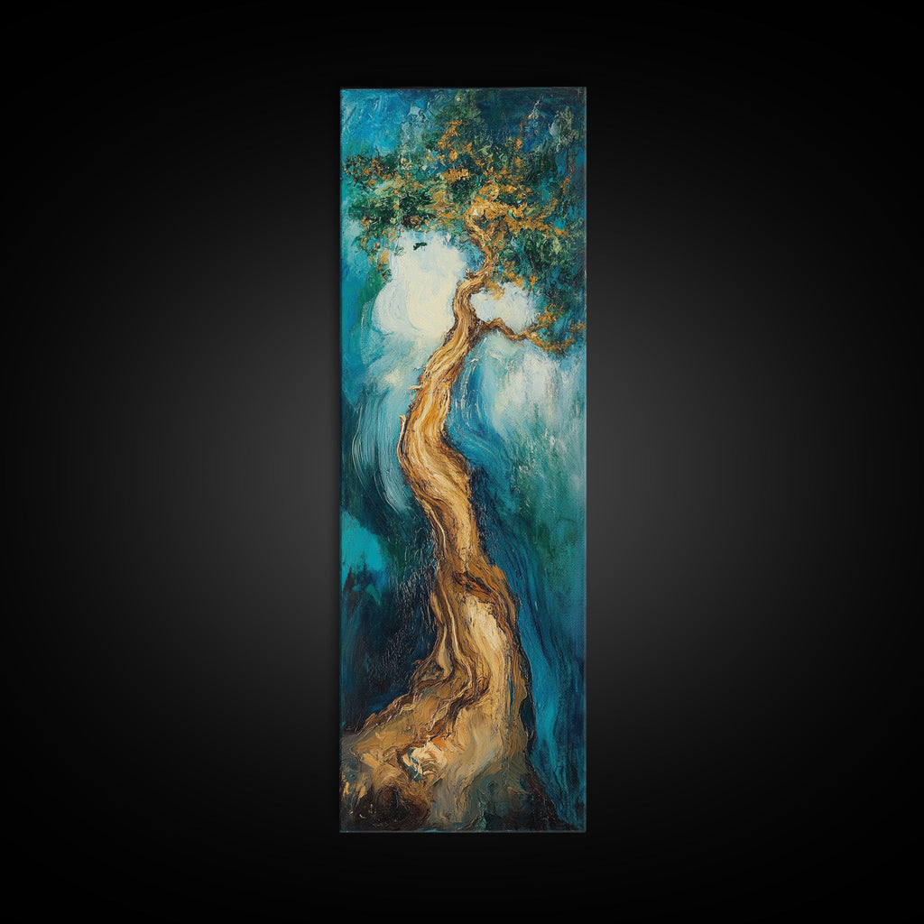 Twisting Tree, oak tree art, nature painting, forest at dusk painting, textured wall art, Framed Canvas Print, vertical wall art