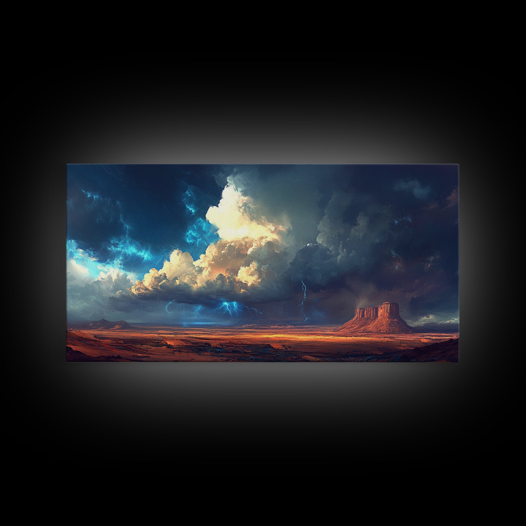 Southwest storm, desert lightning, panoramic art, framed canvas print, mountain painting, extra wide art, dramatic wall art