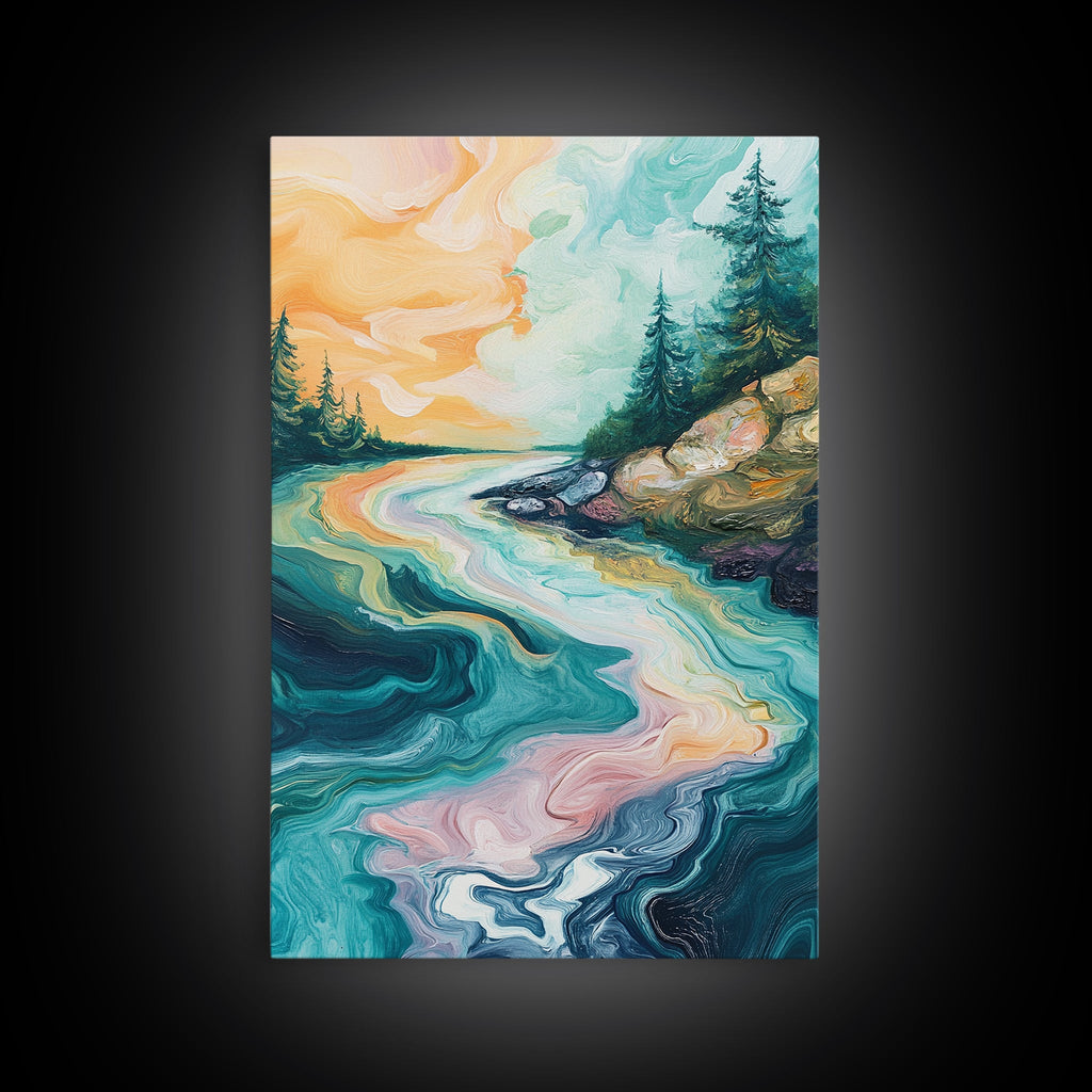 Swirling River Art, Abstract Nature Scene, Dreamy Landscape, Flowing Water, Boho Wall Art, Colorful Decor, Canvas Print