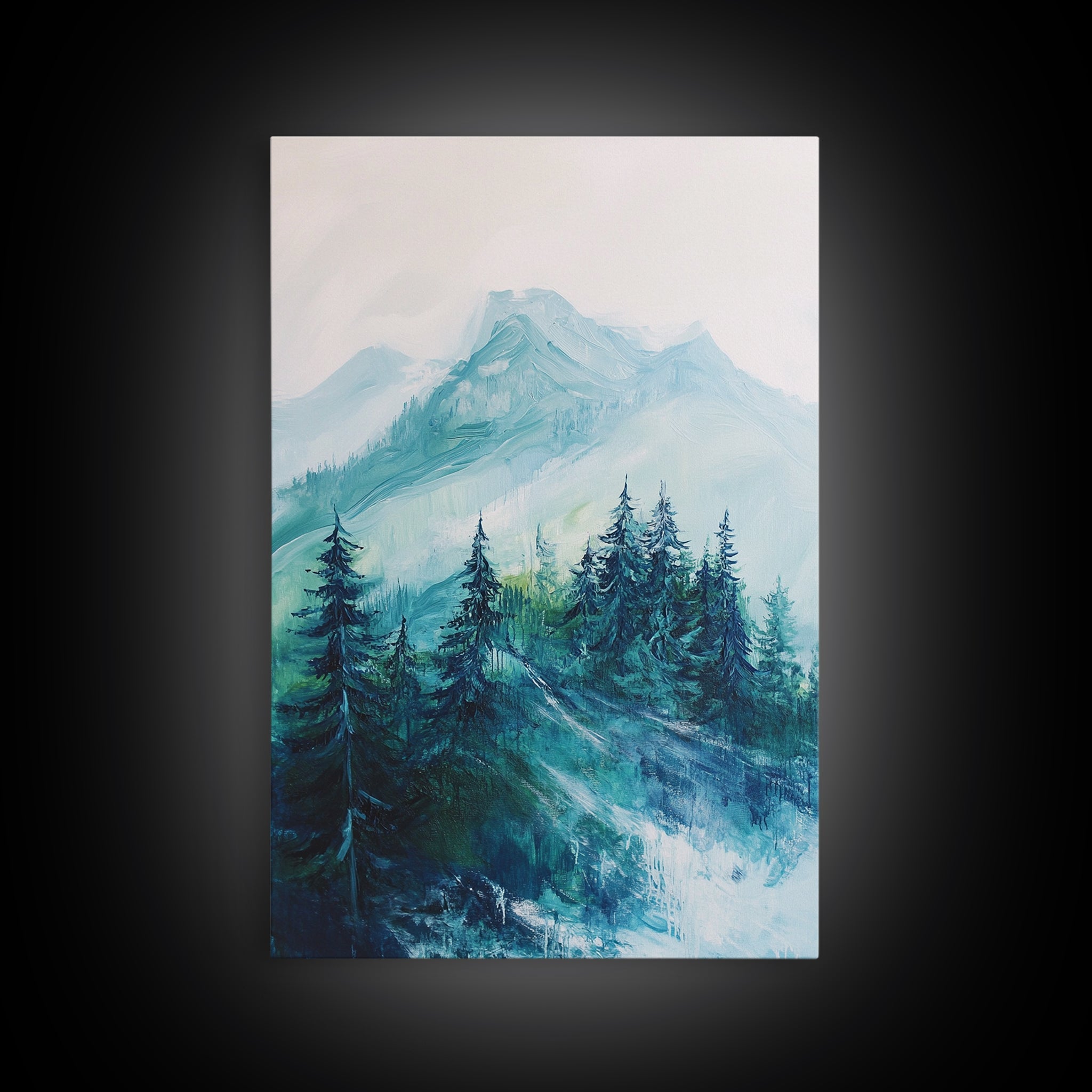 Mountain Painting, Forest Landscape Art, Nature Scene, Blue and Green Wall Art, Tranquil Scenery, Rustic Decor, Canvas Print