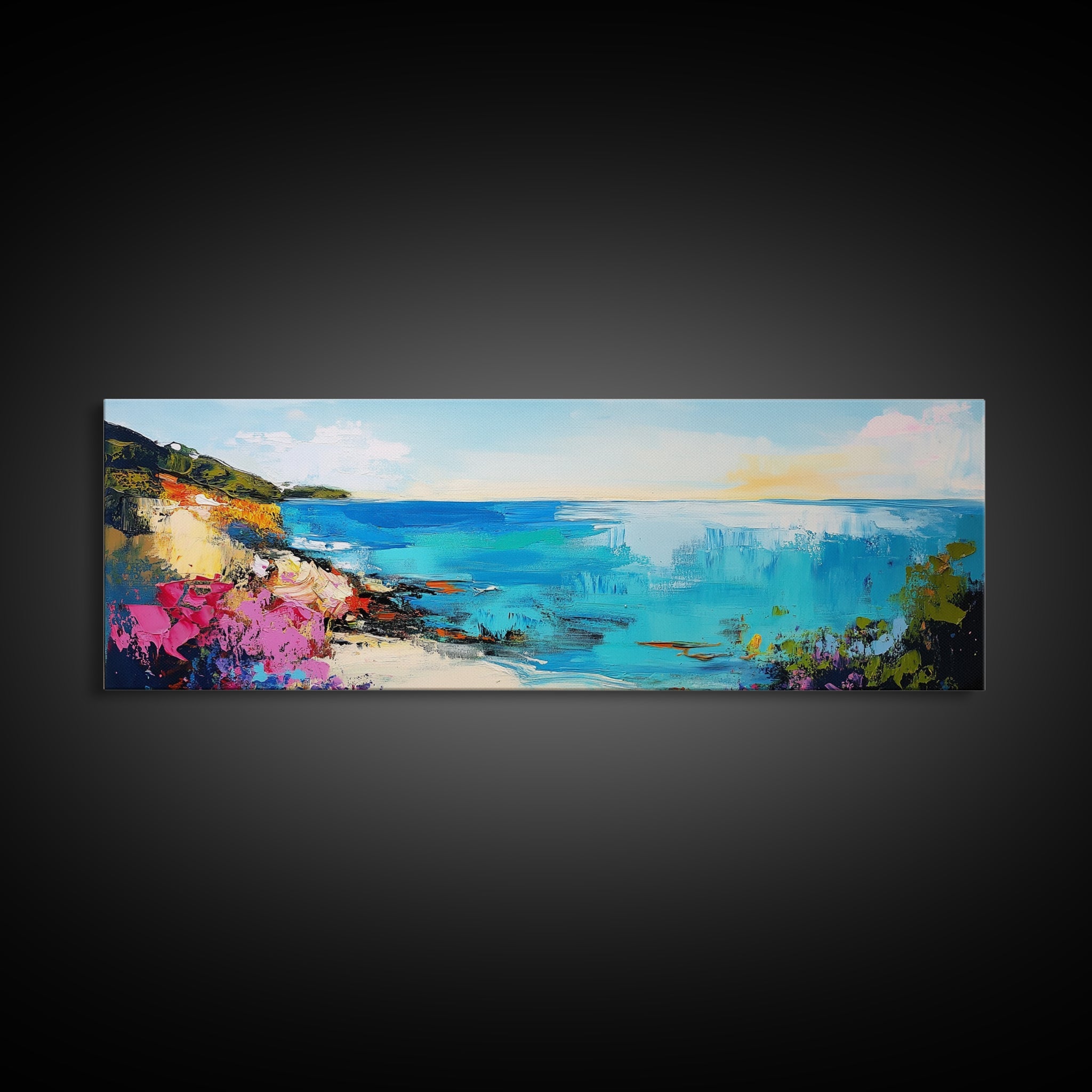 Coastal Cliffside Beauty Framed Canvas Print Impressionist Ocean Wall Art Vibrant Seaside Home Decor Living Room Gift