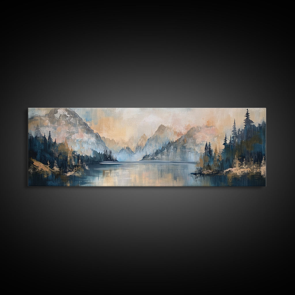 Mountain Lake Reflection Framed Canvas Print - Tranquil Nature Painting, Neutral Home Decor, Minimalist Landscape Wall Art