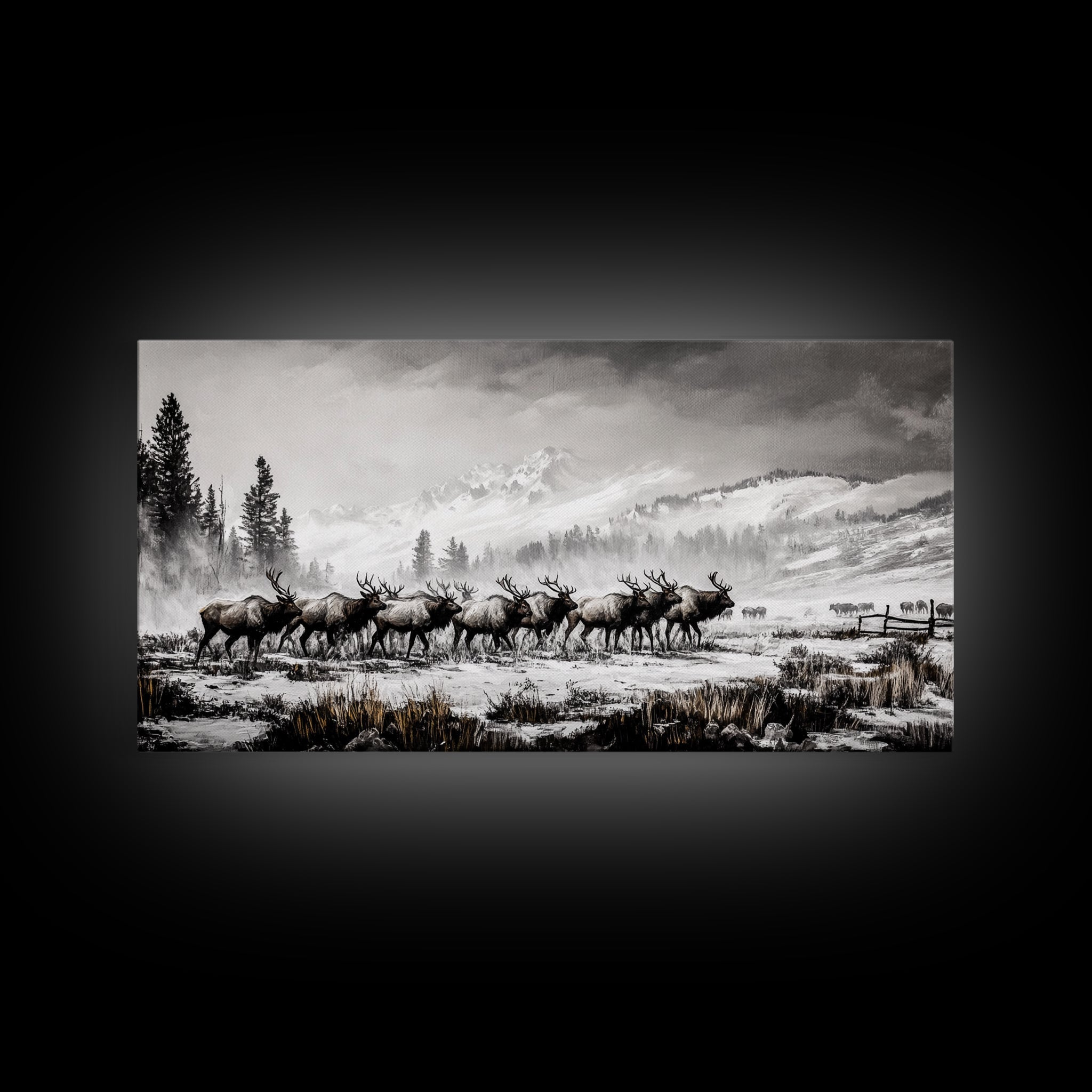 Elk, Wildlife, Mountain, Framed Canvas Print, Rustic Lodge Art, Winter Nature Scene, Cabin Wall Decor, Hunting Artwork, Western Aesthetic