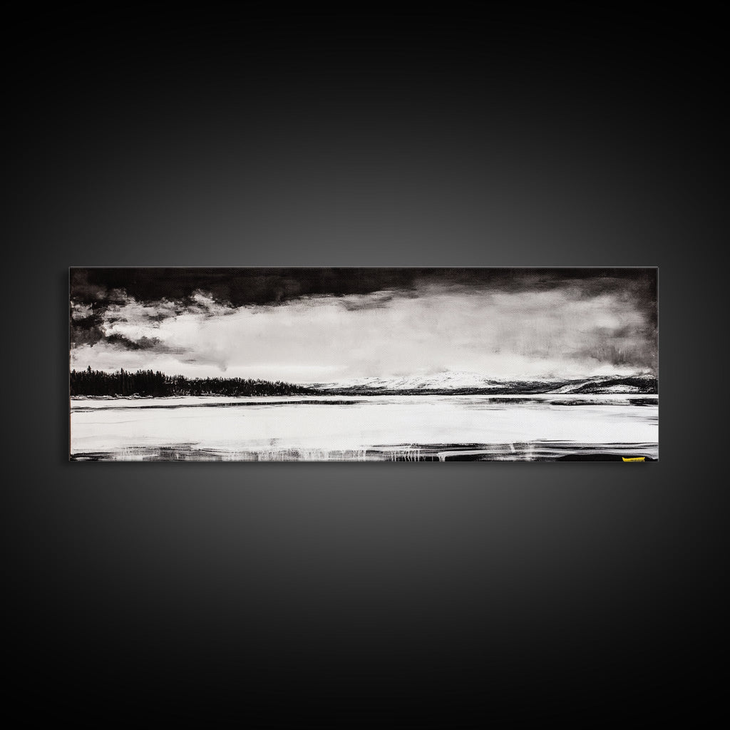 Snowy Lake Scene, Minimalist Landscape, Framed Canvas Print, Winter Wall Art, Serene Home Decor, Modern Office Art, Monochrome Nature Painting