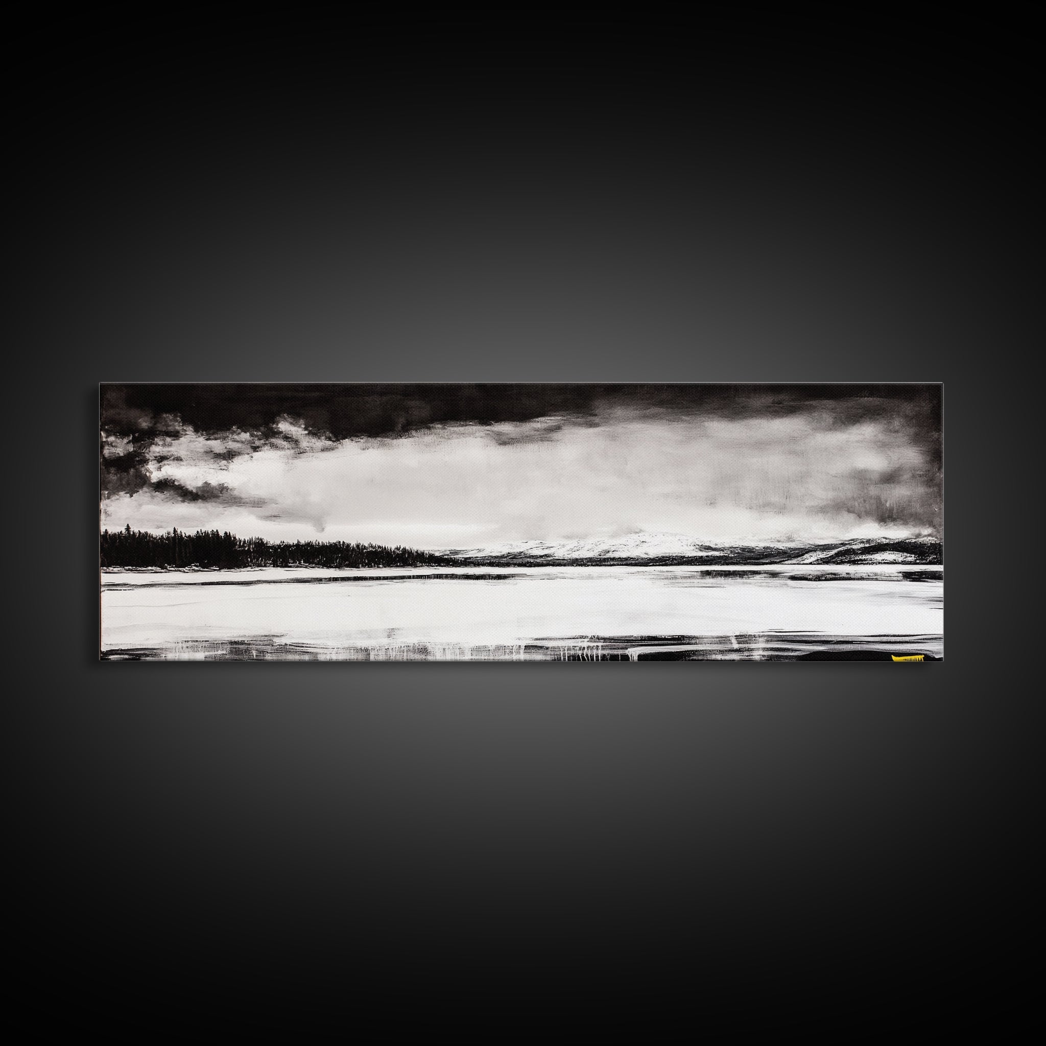 Snowy Lake Scene, Minimalist Landscape, Framed Canvas Print, Winter Wall Art, Serene Home Decor, Modern Office Art, Monochrome Nature Painting
