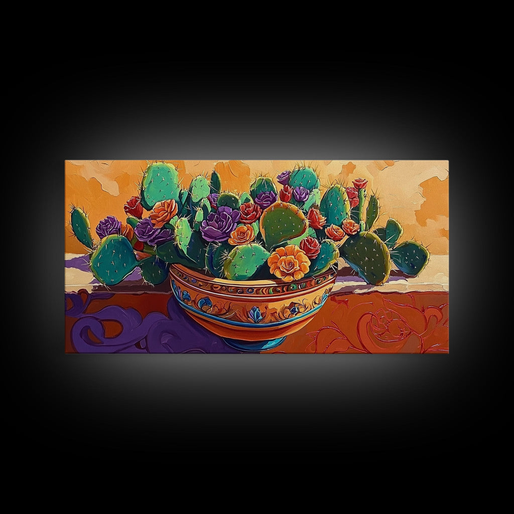 Cactus, Succulent, Pottery, Flowers, Canvas Print southwestern kitchen wall art, vibrant decor, colorful succulent painting