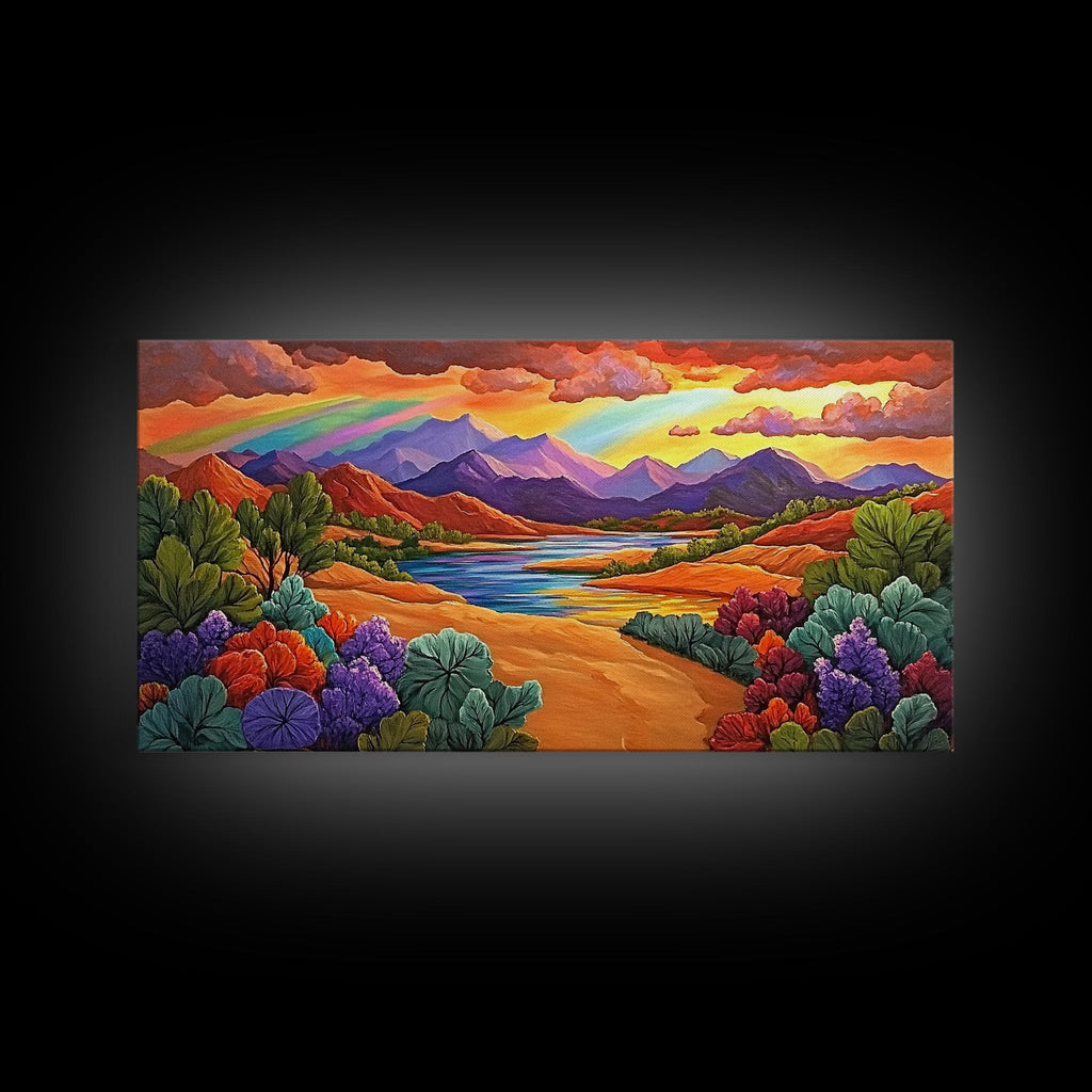 Rainbow Sky, Desert River, Mountain View, Canvas Print, Scenic Landscape Wall Art, Colorful Fall Decor, Living Room Statement Piece