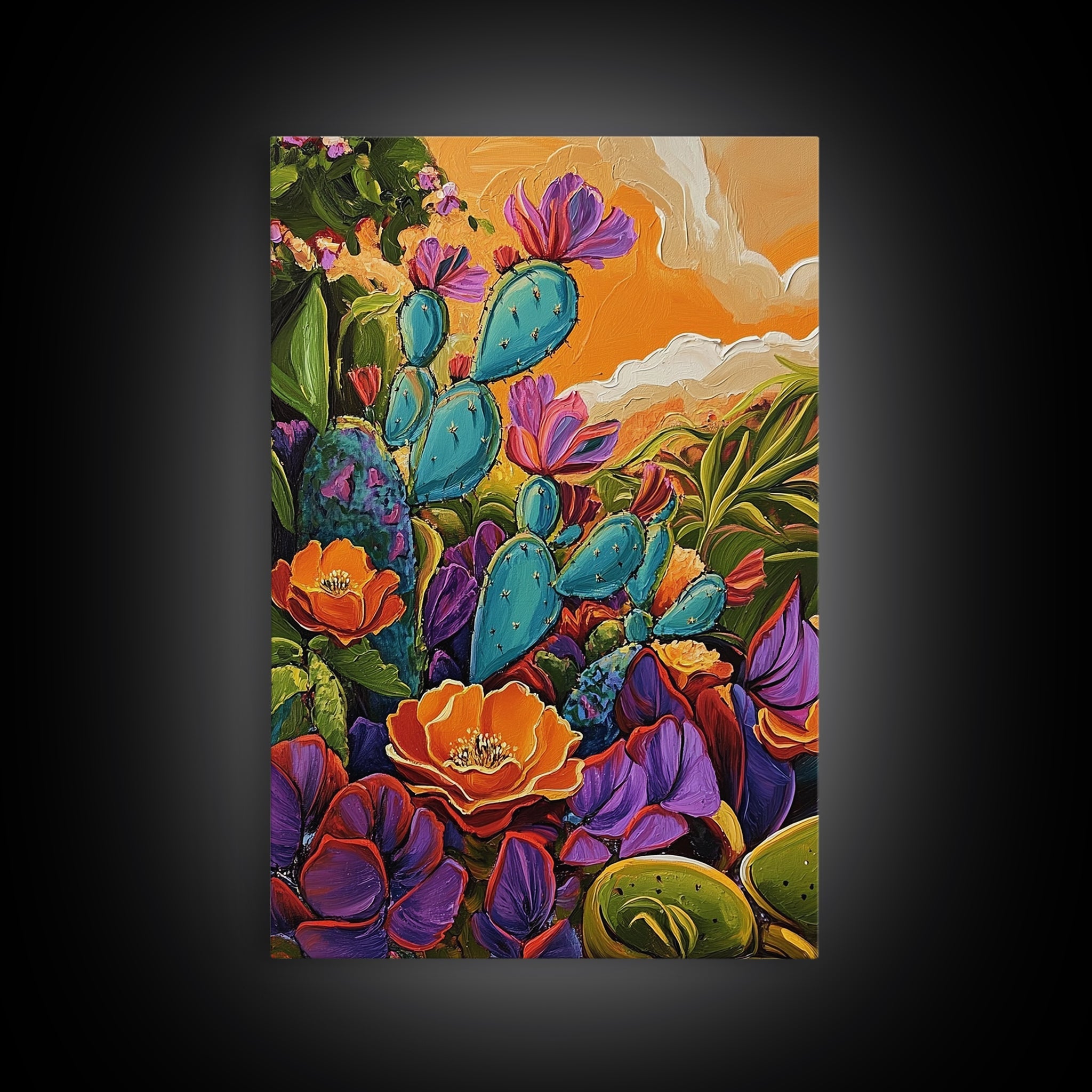 Prickly Wildflowers, Cactus, Garden, Framed Canvas Print floral cactus art, vibrant botanical painting, nature decor, desert boho living room