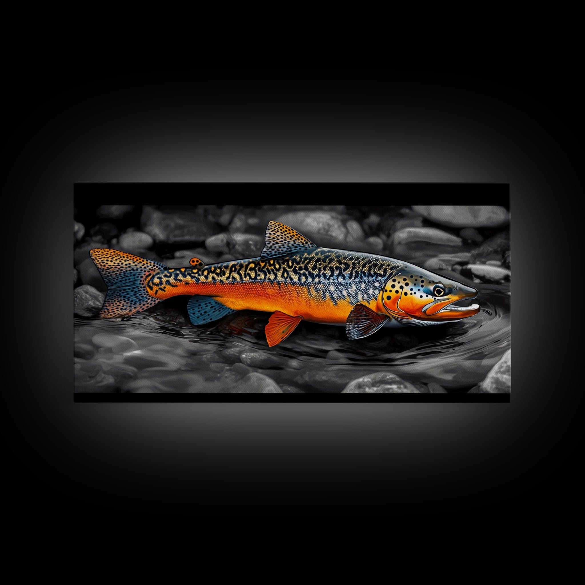 Rainbow Trout, Colorful Fish, Bold Patterns, River Stream – Framed Canvas Print, Fishing Wall Art, Cabin Decor, Rustic Wildlife