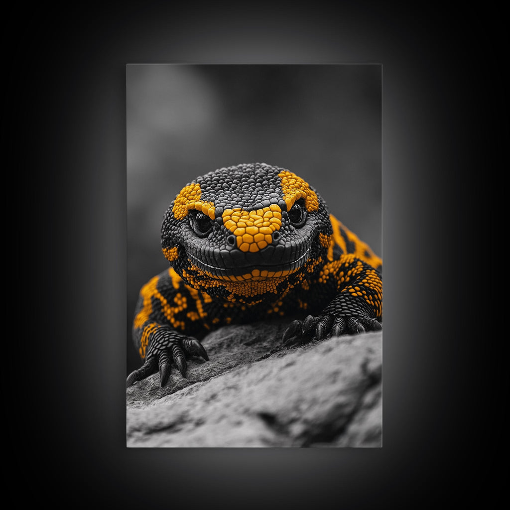 Lizard Close Up, Yellow and Black, Reptile Macro, Framed Canvas Print, Nature Photography, Animal Art, Man Cave Wall Art, Wildlife Decor