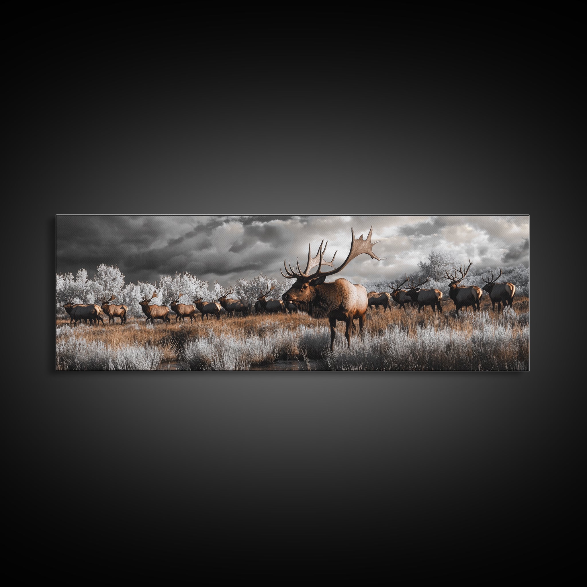 Elk Herd, Majestic Wildlife, Autumn Landscape, Framed Canvas Print, lodge decor, rustic mountain wall art, moody nature canvas