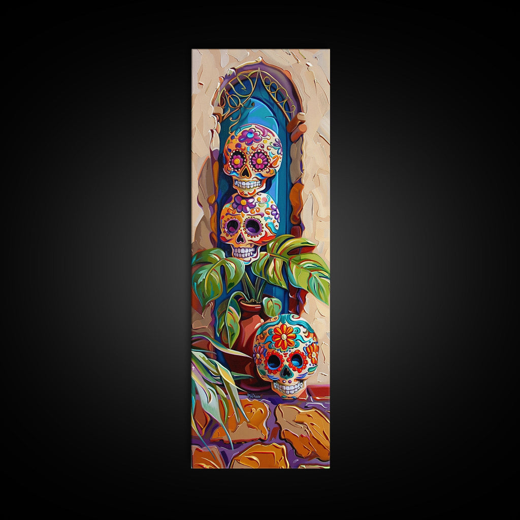 Day of The Dead Inspired Mexican Canvas Painting Framed, Long Narrow Wall Art Print, Spanish Style Home Decor, Contemporary Art Print