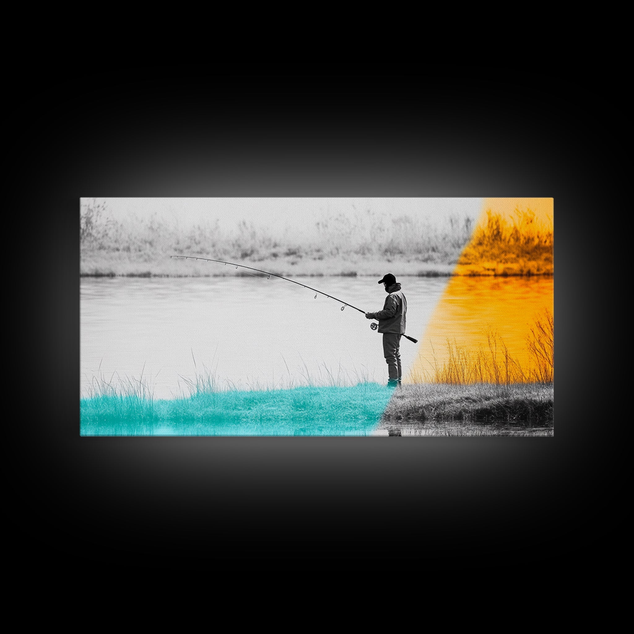 Fisherman at Twilight, fly fishing art, fisherman painting, moody art, nature wall art, rustic decor, panoramic painting, Canvas Print