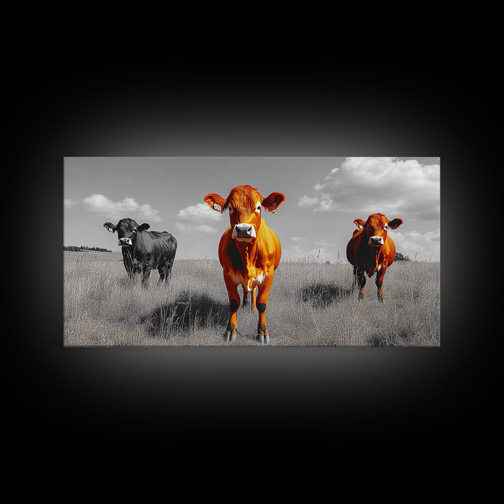 Highland Cows Canvas Print | Rustic Farmhouse Art | Black and White Cattle Painting | Moody Art | Above Sofa Wall Art | Extra Wide Art