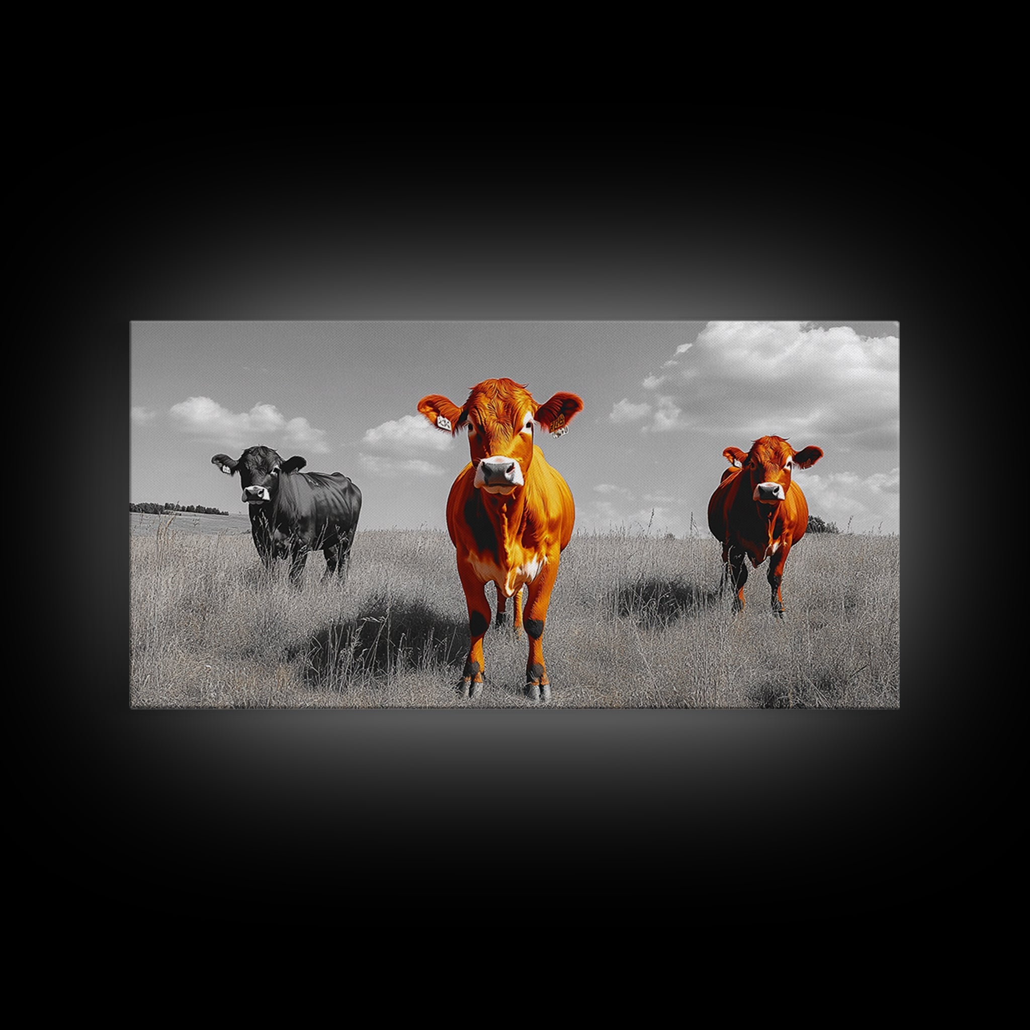 Highland Cows Canvas Print | Rustic Farmhouse Art | Black and White Cattle Painting | Moody Art | Above Sofa Wall Art | Extra Wide Art