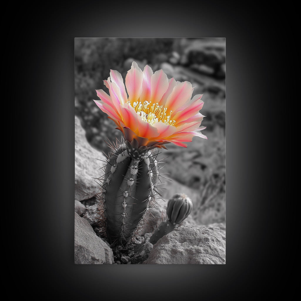 Blooming cactus, botanical print, desert flora, framed canvas print, nature decor, succulent wall art, pink flowers, southwest painting