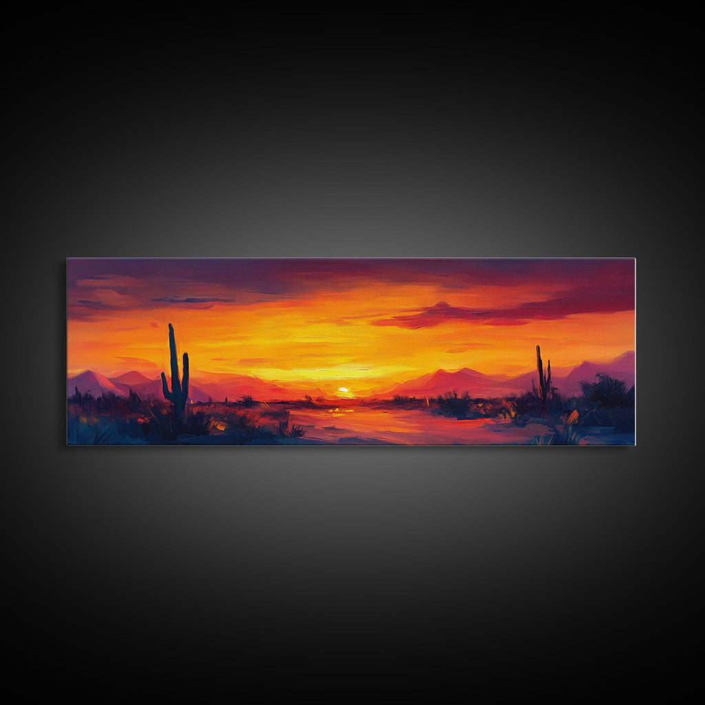 Sunset Cactus Art, southwest wall art, desert landscape painting, extra wide art, panoramic painting, framed canvas print, rustic decor, horizontal wall art