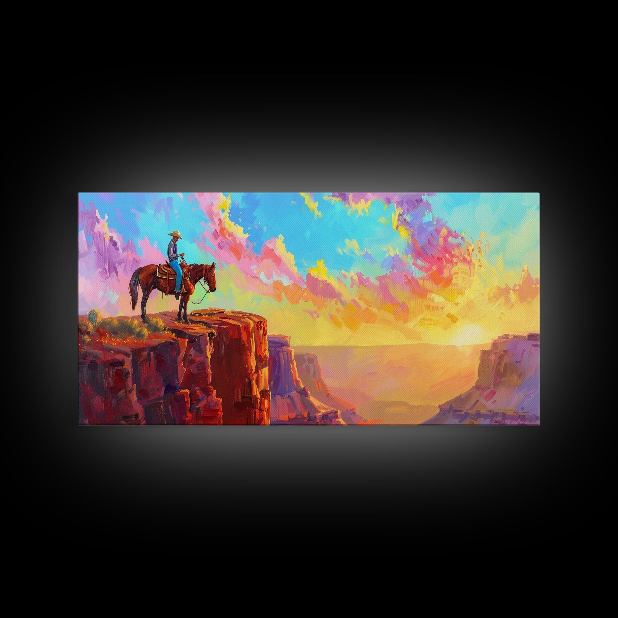 Cowboy on Horse Under Vibrant Sky, Farmhouse Style Framed Canvas Print for Bedroom Wall Art, Rustic Home Decor, Western Scenic Art