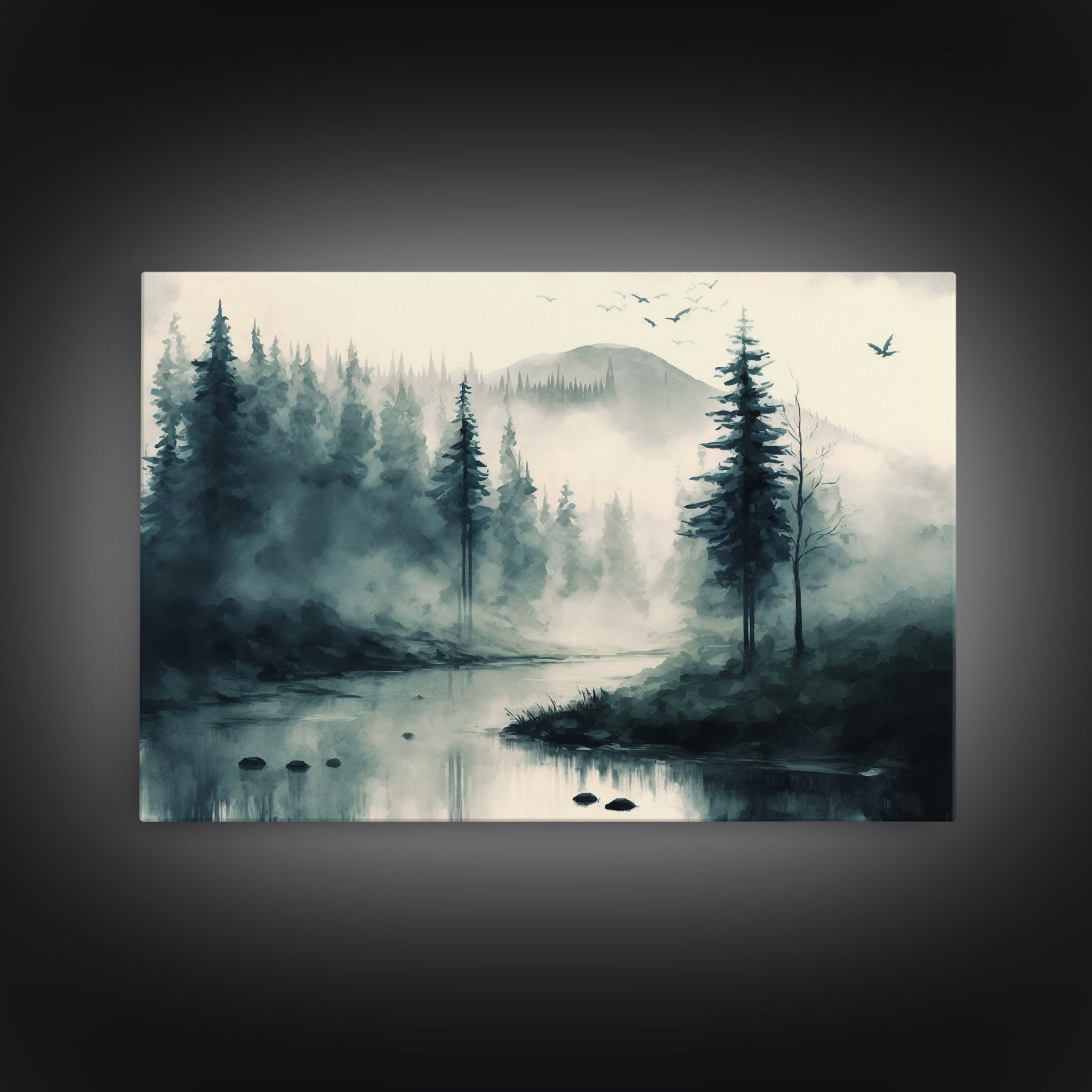 Watercolor of a foggy pine tree forest, framed canvas print, unique wall art, contemporary art, modern art