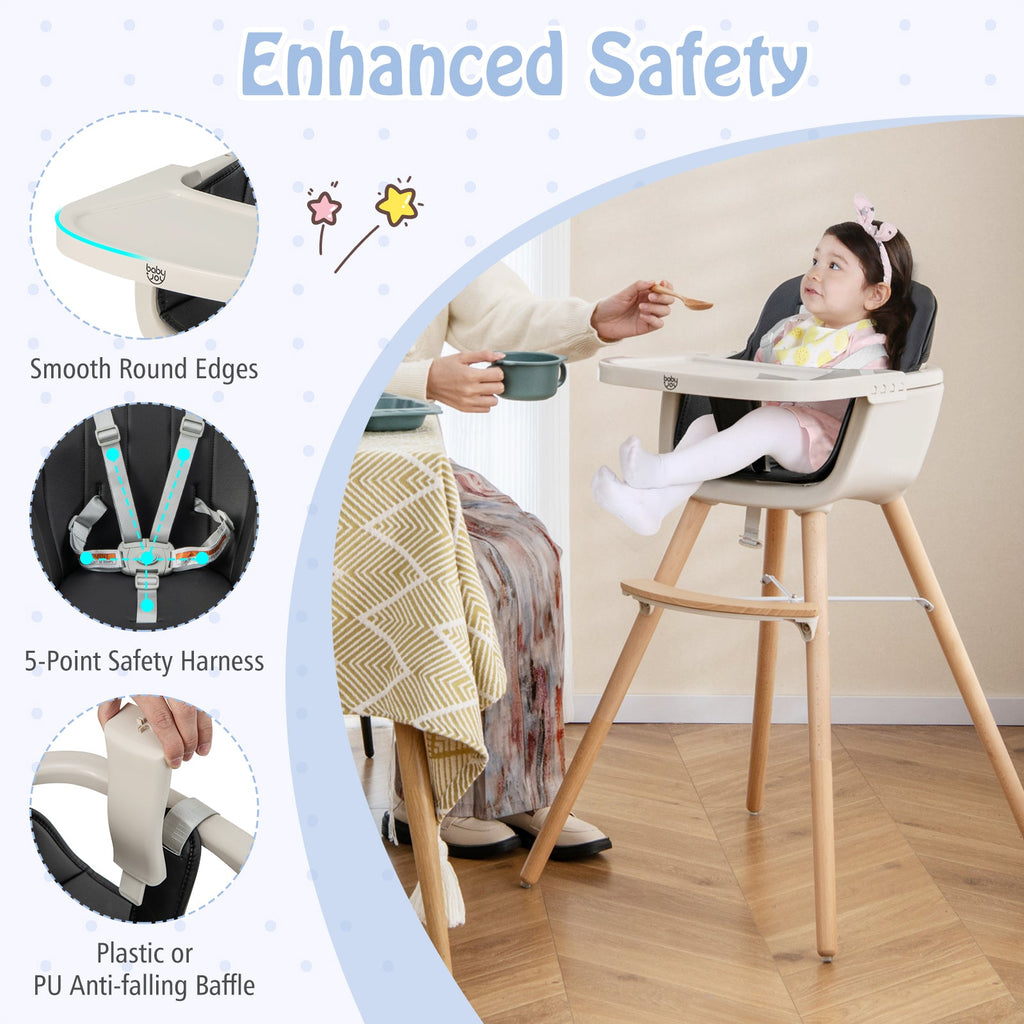 3-in-1 Convertible Wooden High Chair with Cushion