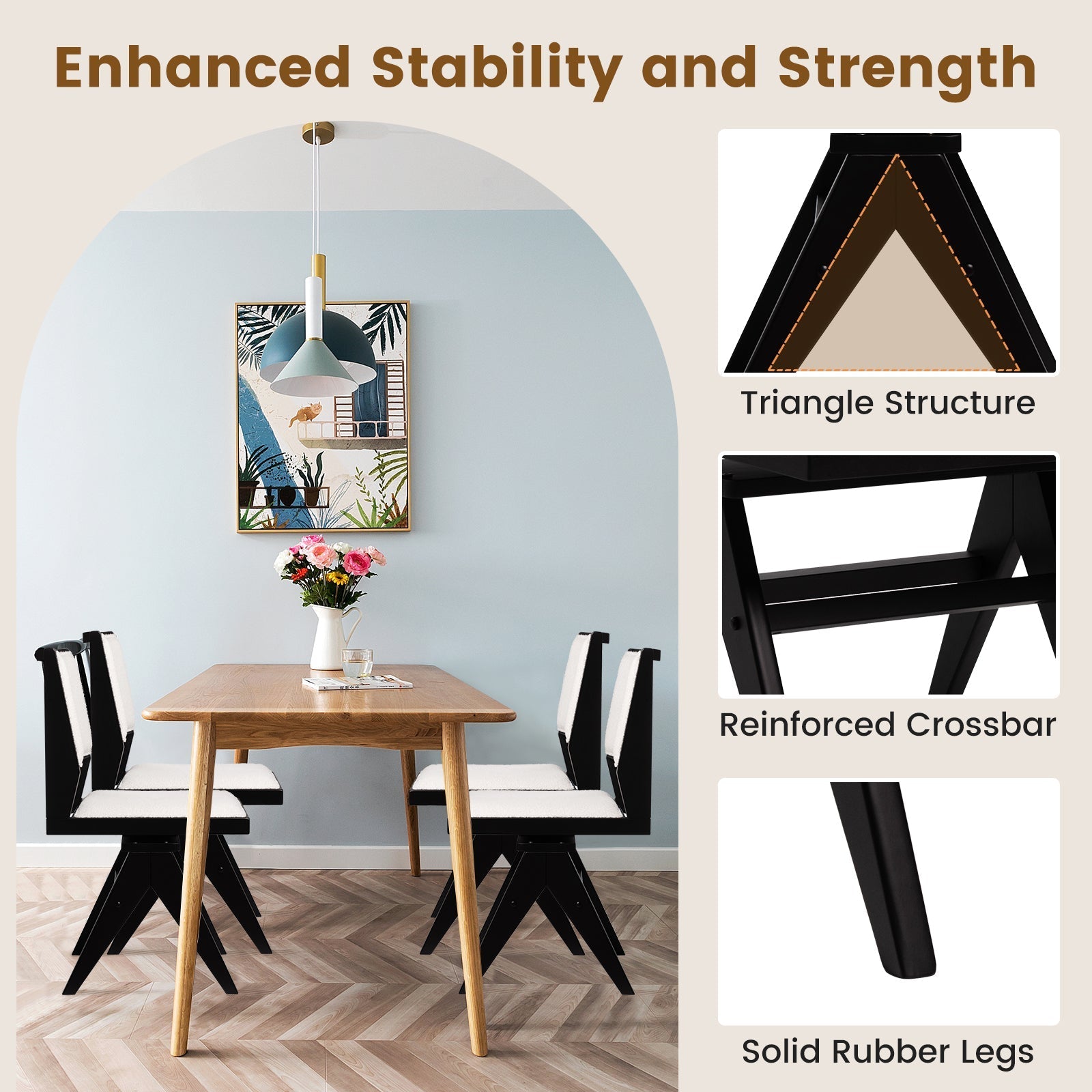 Swivel Wooden Dining Chair Set of 2 with Rubber Wood Frame and Padded Seat-Black
