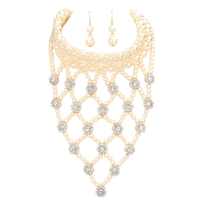 Flower Stone Embellished Pearl Statement Necklace