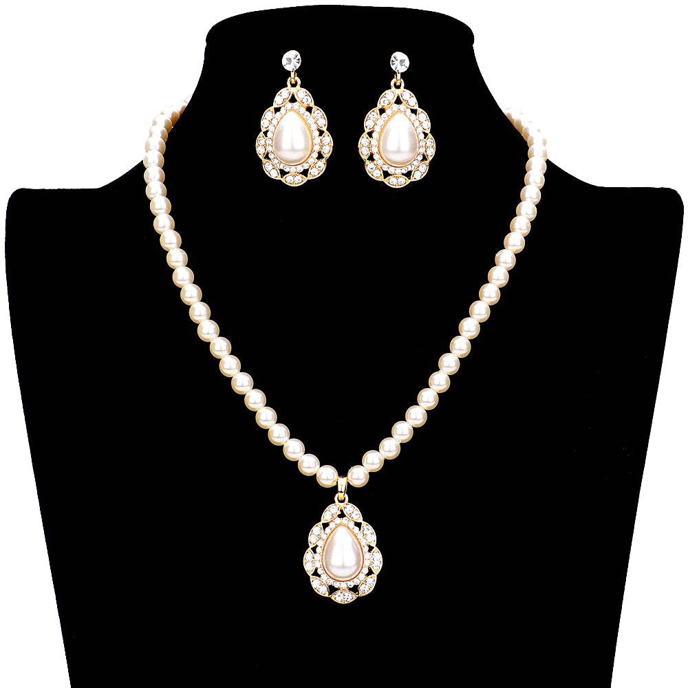 Rhinestone Embellished Teardrop Pearl Accented Necklace