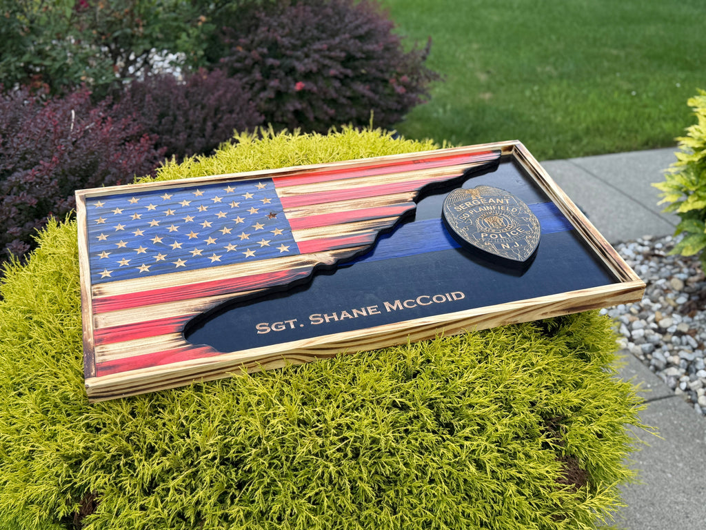Custom 3D Thin Line American Flag with Engraved Badge
