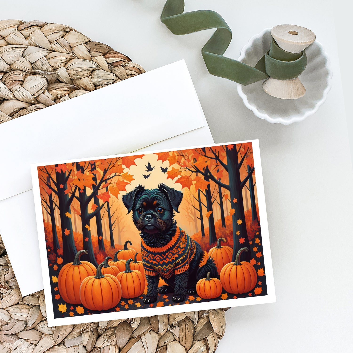 Affenpinscher Fall Greeting Cards Pack of 8 Blank Cards with Envelopes Whimsical A7 Size 5x7