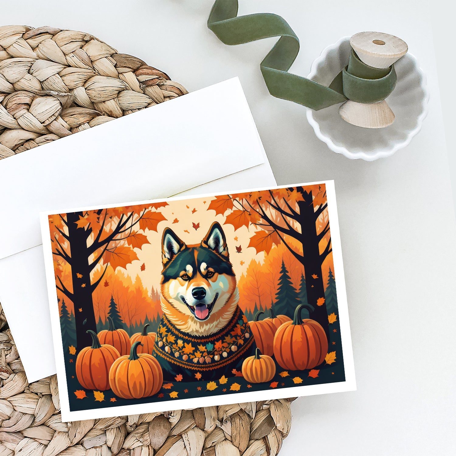 Akita Fall Greeting Cards Pack of 8 Blank Cards with Envelopes Whimsical A7 Size 5x7