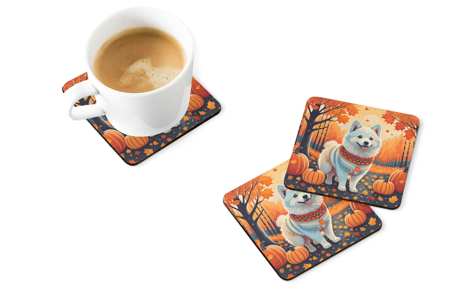 American Eskimo Fall Foam Coasters Set of 4 Cup Coasters for Indoor Outdoor, Tabletop Protection, Anti Slip, Mouse pad Material