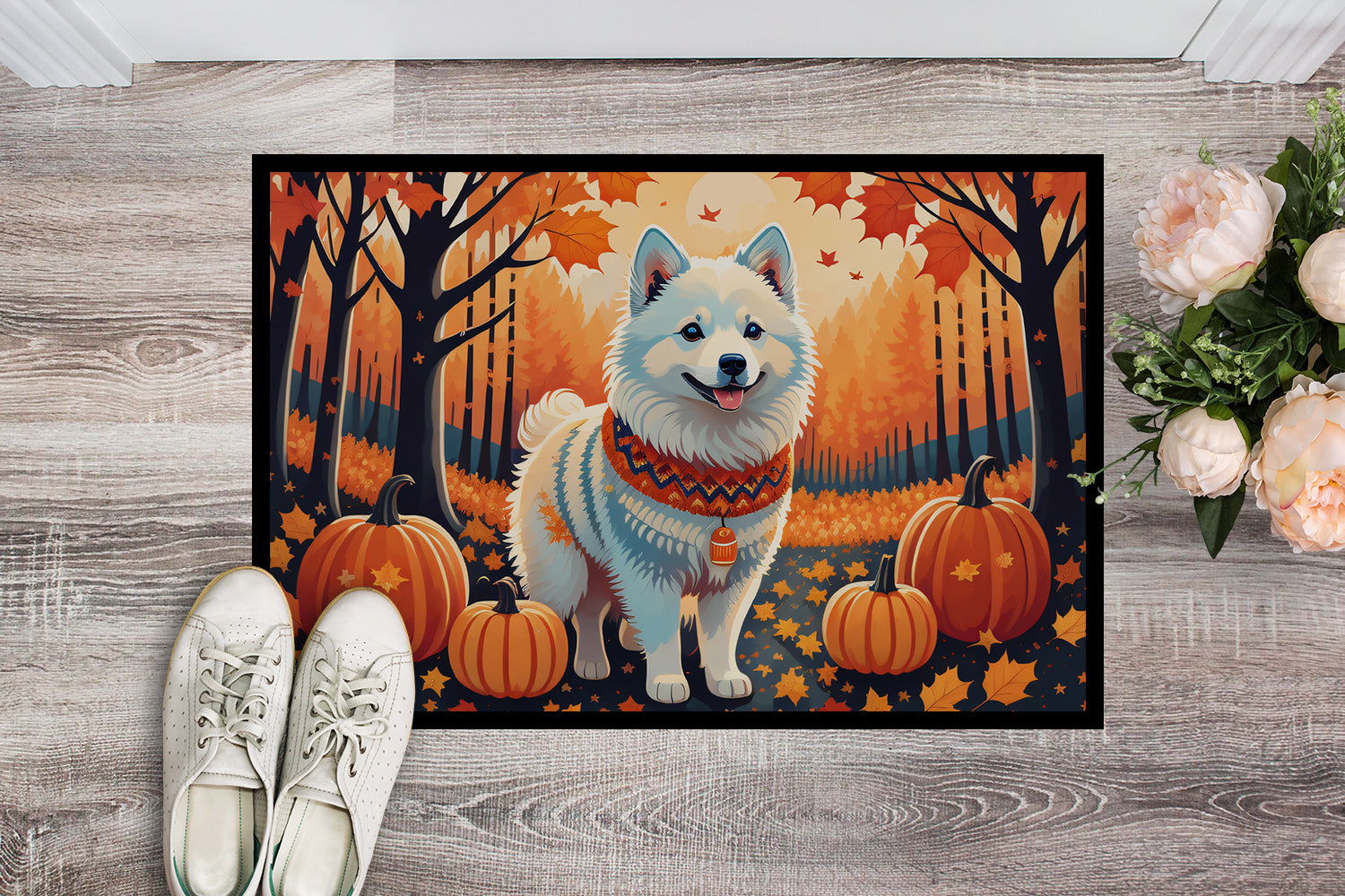 American Eskimo Fall Doormat Indoor Outdoor 18H X 27W Front Door Mat Rugs for Entryway, Non Slip Washable