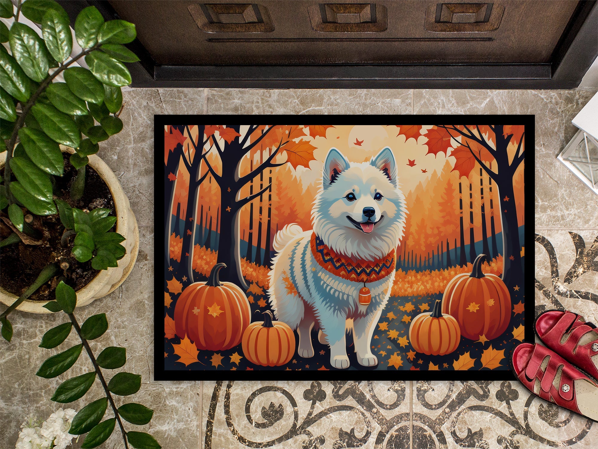 American Eskimo Fall Doormat Indoor Outdoor 18H X 27W Front Door Mat Rugs for Entryway, Non Slip Washable